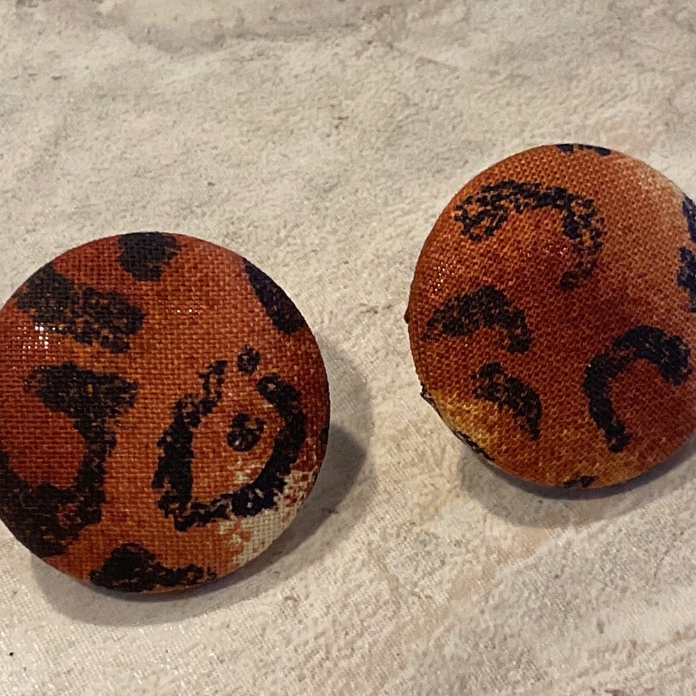 Vintage Button Earrings Post pierced Leopard Print fabric 1” diameter